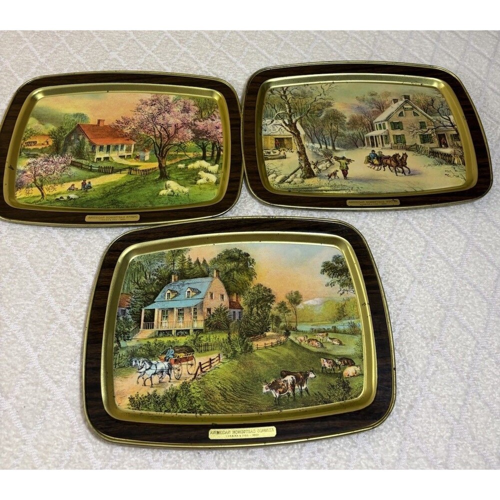 Vintage 70s Currier & Ives 1868 American Homestead 3 Metal Trays Lot See Details